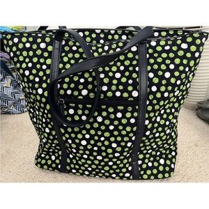 NWOT Vera Bradley Vera LUCKY Dots Navy Green Faux Leather Iconic Tote - Retired!